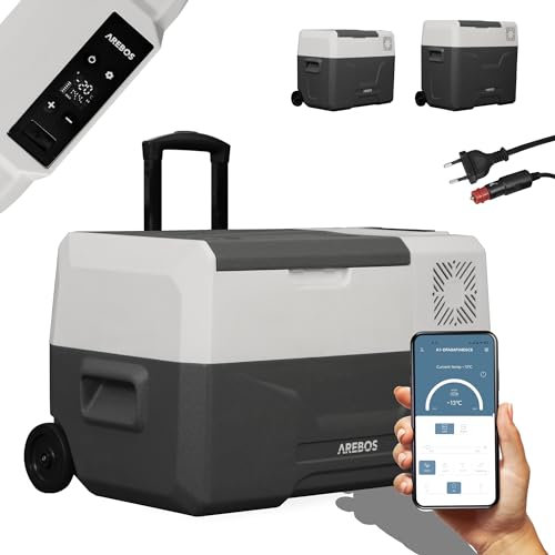 Arebos kompressorkylbox med hjul 27 liter | Elektrisk frysbox med APP-kontroll för kylning, frysning och varmhållning | Kyl ned till -20 °C | Kylbox för bil, 12/24 V 230V | Antracit