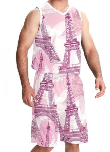 Basketballtrikot und Shorts, Jersey-Shorts-Outfit-Set, Herren, athletisches Basketballtrikot, Paris Eiffelturm, rosa Blumen, Muster 912, X-Small