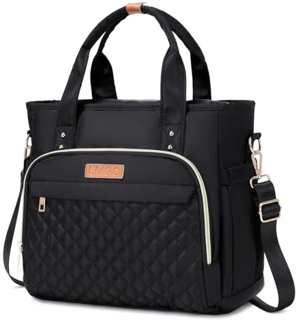 LMGO Mittelgroße Tragetasche mit mehreren Taschen für Damen, gesteppter Tragegriff oben, Umhängetasche, Handtasche, Schwarz, Large, Mittelgroße Damen (Schwarz)