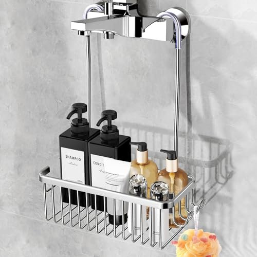 Anhow Étagère de Douche Sans Perçage, Panier Douche Sans Perçage Rangement Douche Suspendu en Aluminium pour Salle Bain - Argent