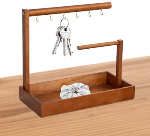 COMFOLIVING Key Tray for Entryway Table,Earring Stand Key Holders - Decorative Countertop Organizer with 6 Hooks, Jewelry Storage Rack, Bathroom Vanity Tray for Entryway