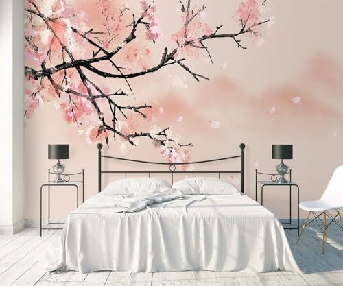 Fototapete 3D Tapete Schöne Kirschblüten Bäume, Blumen und Vögel Tapeten Vliestapete Wandbilder Wanddeko Wandtapete -S036-430cmx300cm