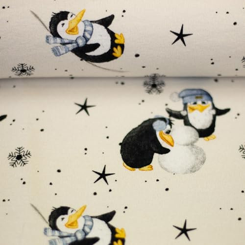 French Terry Sweat-Stoff FUNTARKTIS | by Sabine Marschall | Pinguine, Schneeflocken | altrosa & naturweiß | ab 50 cmx150cm | Meterware (naturweiß)