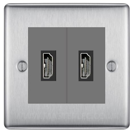 BG Nexus Brushed Steel 2 Gang HDMI Socket Grey Inserts