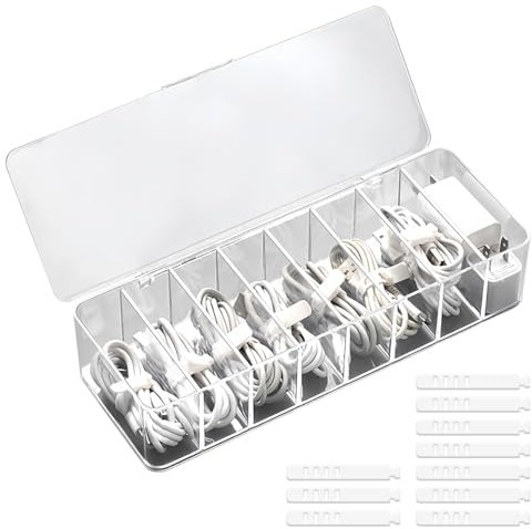 Transparente Caja Cables Organizador, Caja Organizadora Cables con 7 Sujetacables, Organizador Cables Caja, Caja de Almacenamiento de Cables, Organizador de Cabos para Guardar en Escritorio, Oficina