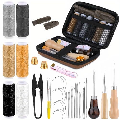Leather Sewing Kit, Upholstery Repair Kit-27 Pcs Including Sewing Thread and Sewing Needles, Awl, and ThimbleSuitable for Beginners Kit Scissors in Leather Craftsmanship DIY Sewing
