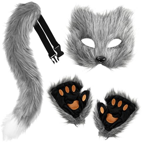 XEPST Pelziger Fuchs, Wolfs-Cosplay-Set mit Maske, Schwanzpfoten-Handschuhen, Tier-Cosplay-Kostüm-Set für Anime, Kostüm-Zubehör, Halloween, Weihnachten, Karneval, Rollenspiele, Partyzubehör, Grau