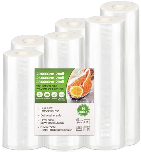 NXPZ Rouleau Sous Vide Alimentaire, 6 Packs (28/25/20 x 600 cm), Sac Sous Vide Sans BPA, Compatible Avec Toutes Machines Sous Vide, Résistant à la Déchirure, Idéal Pour Conservation des Aliments