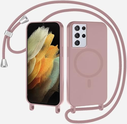 xinyunew Coque Magnétique pour Samsung Galaxy S21 Ultra avec Cordon, Compatible avec MagSafe Collier Étui Silicone Liquide avec Tour de Cou Lanière en Corde Souple TPU Antichoc Housse,Rose foncé