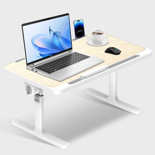 Table de Lit Pliable,Table de Lit pour Ordinateur Portable,Support Ordinateur Portable,Hauteur Réglable,avec 4 Angles Réglables,Lapdesk Pliable,Table Pliable pour Canapé,Sofa,Board,Ivoire