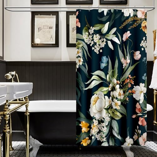 Amaredom Duschvorhang Wasserabweisend Blumen Muster mit Haken 120cm x 200cm | Hochwertiges Polyester Gewebe, Wasserabweisender Anti-Schimmel Effekt, Inklusive Haken, Stylische Badezimmer Dusche Deko