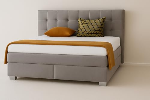 A&J MöbelLand Boxspringbett Verona 200 x 200 cm mit Zwei 7-Zonen-Taschenfederkernmatratzen und gepolstertem Kopfteil. Farbe: Hellgrau