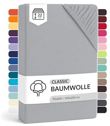 LARAWELL Spannbettlaken 90x200cm Baumwolle, bis 100x200, grau, Spannbetttuch Jersey (gekämmt), Matratzenhöhe bis 22 cm, bügelfrei, atmungsaktiv, formstabil