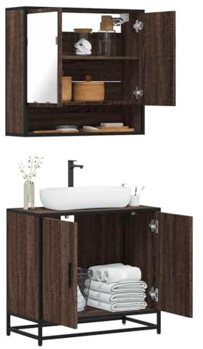 Bucmath 2-TLG. Badmöbel-Set Braun Eichen-Optik, Holzwerkstoff, 65 cm Breite, mit Spiegelschrank, Waschbeckenunterschrank, Robustes Design für Badezimmer