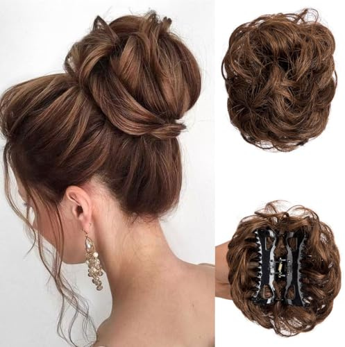Claw Clip Messy Bun Hair Piece Tousled Updo Hair Buns Extension Elastic Hair Band Hair Pieces Curly Scrunchie For Women (Light3 Brown3)
