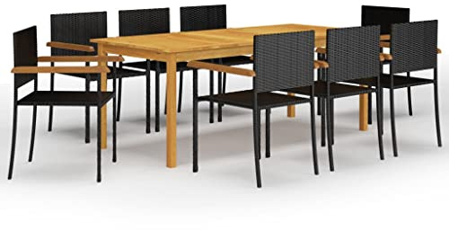 YuuSsea 9-TLG. Garten-Essgruppe, Schwarz, Akazienholz & PE-Rattan, 200x90cm Esstisch mit 8 Stühlen, Outdoor Möbel Set für Terrasse, Balkon & Garten