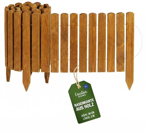 Creative Home Rasenkante Beeteinfassung Holz 200 x 30 cm (L x H) Natur | Flexible Beetumrandung Gartenzaun zum Stecken | Ideal als Beetbegrenzung, Holzzaun, Deko Zaun, Mähkante, Beetzaun