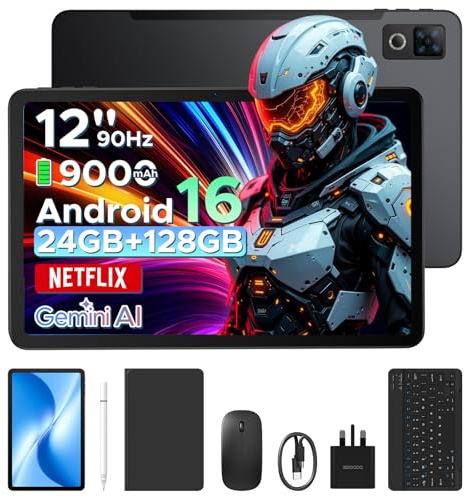 DOOGEETab U12 Android 16 tablet, 12 inch FHD+90Hz Large Screen, 24GB+128GB/2TB, Gemini AI Octa Core Gaming Tablets, 9000mAh/18W, Widevine L1, 2.4G/5G WiFi, Tablet with Pen,Keyboard,Mouse&Case