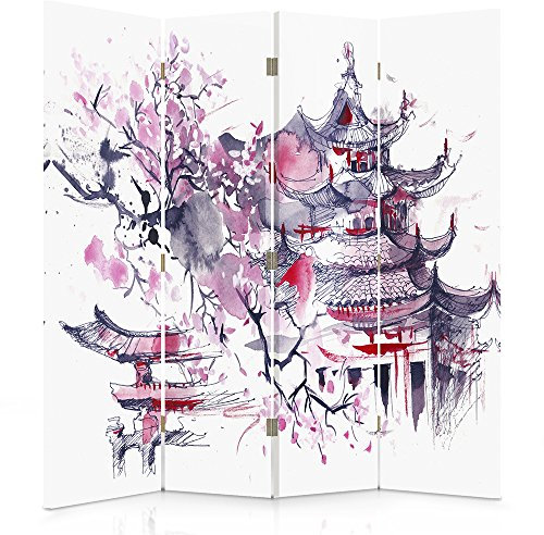 Feeby Paravent Japanischer Kirschbaum 145x180 cm 4 Teilig Modern Design beidseitig Raumteiler Wandschirme Foto Trennwand Raumtrenner Sichtschutz Spanische Wand auf Leinwand Bedruckt Abstrakt Lila