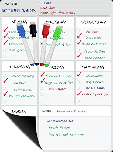 Smart Organizer & Weekly Planner White Board Organizer for Your Refrigerator or Office 15 x 11.75 Inches ● with 4 Magnetic Color Dry Erase Markers! & Cloth Eraser