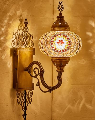 Turkisk marockansk mosaik-plugglampa med handgjord glasglob i Tiffany-stil, utsmyckad mässingsbas, 1,6 m sladd, brun och bärnsten