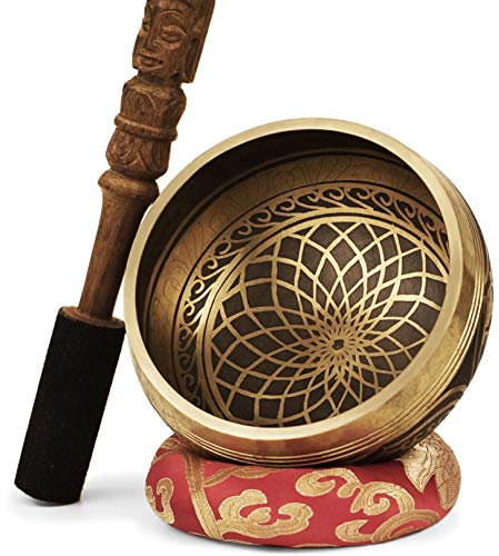 TARORO Bol chantant tibétain ~ 7 Métaux, Ø13cm ~ fait main au Népal ~ Ancien design original ~ Vendu avec un coussin en soie et un maillet Bouddha sculpté à la main ~ Cadeau spirituel
