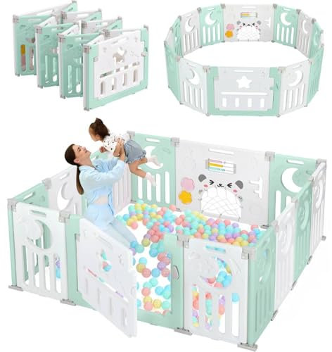 Dripex Parc Bébé Modulable et Pliable avec Porte et Panneau d'Activité, Parcs Enfant Modulable 14 Panneaux Plastique, 150x150x62cm, Facile à Assembler et Transporter en Intérieur/Extérieur, Vert