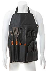 Grillset Schürze + 7 Zubehörteile Inklusive Schaufel, Tranchierer und Zange aus Edelstahl mit Holzgriff. Mit gepolstertem Handschuh und Dosierbehälter für Salz und Pfeffer.