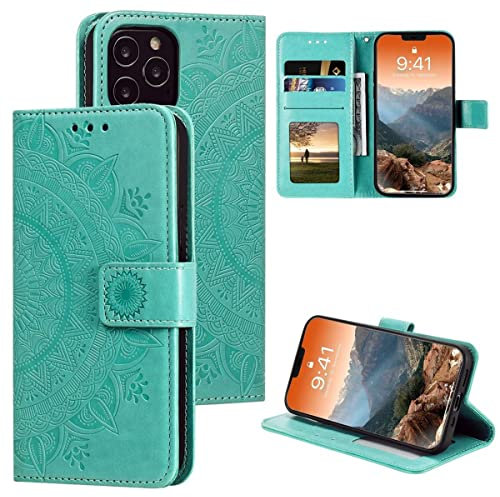 CoverKingz Handy Hülle kompatibel mit iPhone 12 Pro Max [6,7 Zoll] - Handyhülle mit Kartenfach Bookcover Case - Handy Tasche klappbar Motiv Mandala Grün