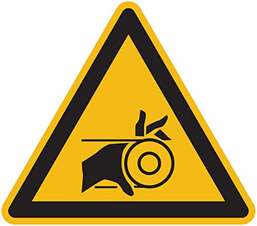 Dreifke® Aufkleber Warnschild, Warnung vor Handverletzung durch Riemenantrieb - praxisbewährt Folie selbstklebend gelb/schwarz/Randfarbe: schwarz 5 6 Stk.