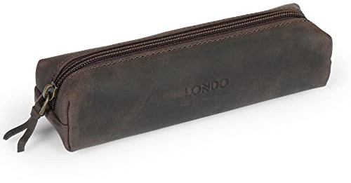 Londo Feder-, Bleistift- und Kosmetiketui aus echtem Leder mit Reißverschluss – Tasche für Schreibwaren - Kastanie