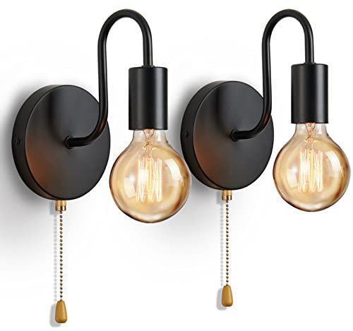 Lightess 2pcs Wandlampe mit Schalter Vintage Innen, Wandleuchte Schwarz mit Zugschalter, Industrial Retro Lampe Wand E27 Schlafzimmer Wohnzimmer Flur