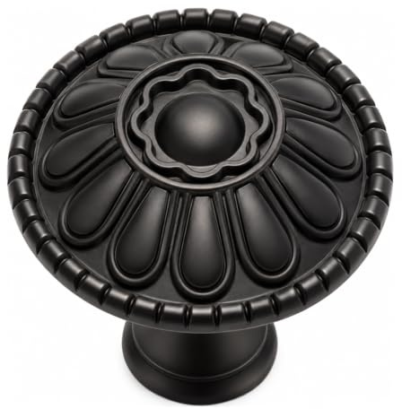 trust4care 30-Pack Farmhouse Matte Black Sunflower 1.2 Cabinet Drawer Knob | Euro-Style Round Zinc Pull Knobs with a Victorian Floral Pattern, Ideal for Vintage Dressers and Furniture Handle Hardware