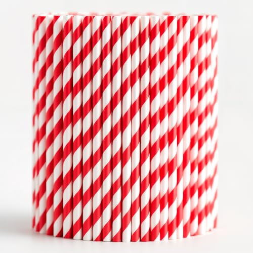 Trimming Shop Striped Paper Drinking Straws – 100% Compostable, Sturdy & Non-Soggy – Food-Safe Ink, Eco-Consious, Multi-Layered, Red & White, 100 Pack