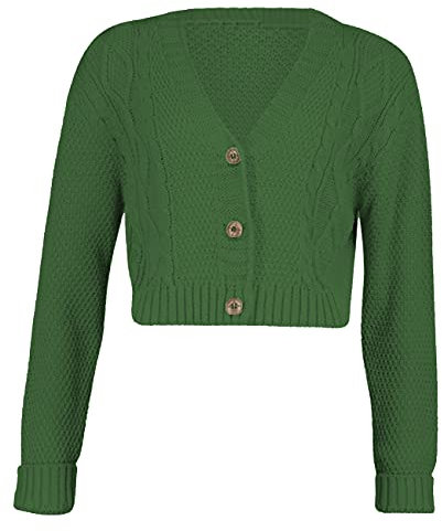 GirlzWalk® Women's Crop Cable Knitted Cardigan - Ladies Long Sleeve Open Classic 3 Button Cropped Cardigans Top (Bottle Green, 8-10)