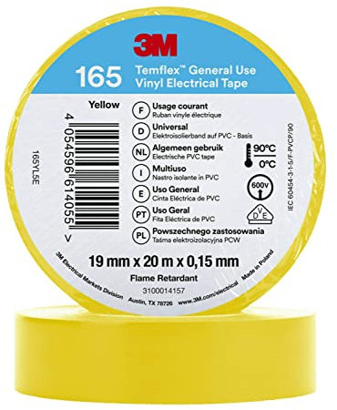 3M Temflex 165 - Cinta aislante (vinilo, 0,152 mm x 19 mm x 20 m), color amarillo