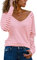 Homlan T-shirt à manches longues, col en V et rayures en mesh, coupe élégante, ample et décontractée, pour femme, Rose, XXL