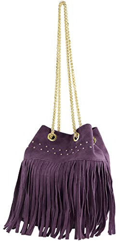 modamoda de T244 Borsa a tracolla da donna in pelle scamosciata con frange e catena in oro Made in Italy, Viola scuro, s