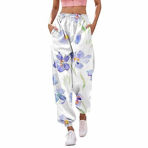 Arbeitshose für Damen – Trainingshose bedruckt für Frauen mit Taschen Hohe Taille Sporty Gym Athletic Fit Jogger Hose Hose Taifun, weiß, Large