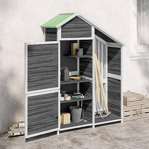 Homgoday Geräteschuppen Gartenschrank Geräteschrank Gerätehaus Gartenhaus Holzschuppen Werkzeugschrank mit Tür und Satteldach Grau 120x53,5x170 cm Massivholz Kiefer