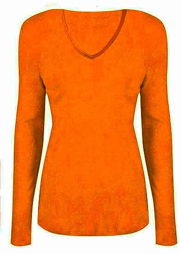 Ladies Womans Basic Long Sleeve Plain V Neck Stretch Top T Shirt Plus Size 8-26 (14, Orange)