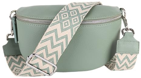 MIRROSI® Bauchtasche Damen, Echtleder, Made in Italy, Umhängetasche, Brusttasche, Crossbody Bag (1 Tasche & 2 Gurte) (Mint (Bohemian Mint Beige), Große Tasche (28x18x9cm))