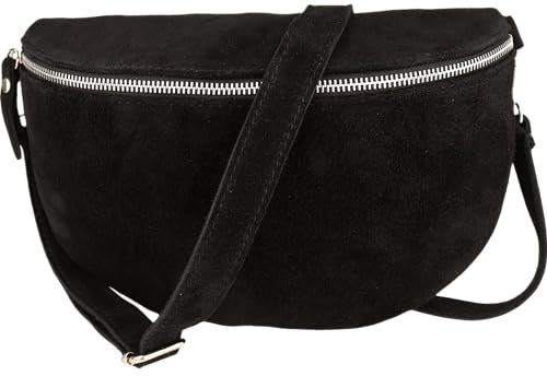 MIRROSI® Bauchtasche Damen, Made in Italy, Echtleder Umhängetasche Echtes Leder, Brusttasche, Crossbody Bag aus WLD Veloursleder, in 3 Größen erhältlich (Schwarz WLD Silberner Reißverschluss) (Gr.L)