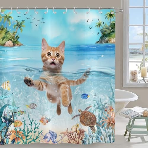 Hnmdmyi Rideau de Douche Drôle de Chat 180x180, Mignon Chaton Nageant dans l'Océan Bleu avec Tortue de Mer, Étoile de Mer Tropicale et Corail - Bain Imperméable en Polyester pour Enfants