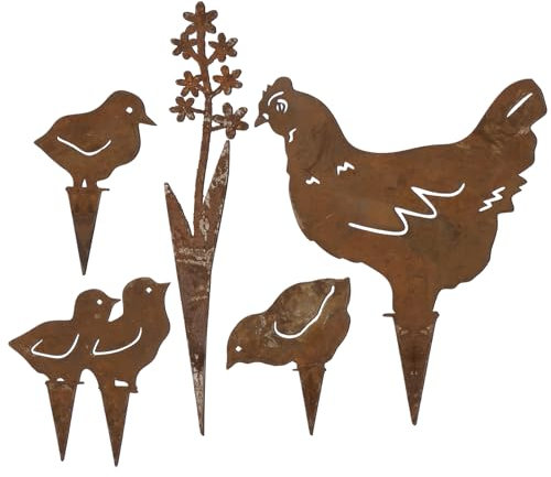 BOFUNX 5pcs Hühner Gartenstecker Ostern Rost Gartendeko Frühlingdeko Hühnerfamilie Roststecker Blumenstecker für Ostern Frühling Garten Balkon Terrasse