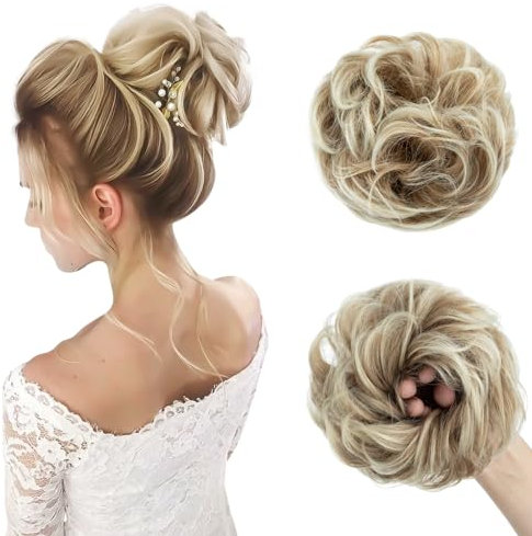 TESS Haarteil Mit Gummiband 55g, Gelockt Haargummi Mit Haaren, Honigblond/Hell-Lichtblond, Groß Dutt Haarteil Haardutt Synthetisch Haarverlängerung für Damen Mädchen
