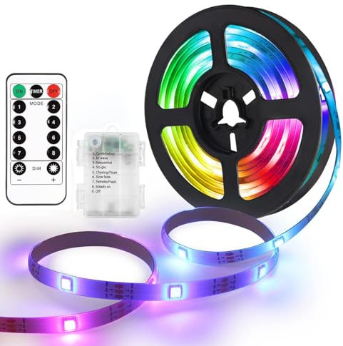 LED Strip Batteriebetrieben 5M Mit Fernbedienung - 8 Modi RGB Streifen, Selbstklebendes Lichtband, Dimmbar Und Wasserdicht