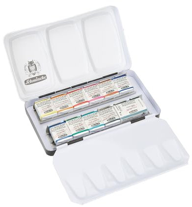 Schmincke – HORADAM® AQUARELL Farbkasten kompakter Metallkasten mit 12 feinsten Aquarellfarben, 74654097, Malset, Basic colours Set Cesc Farré, 10 x 1/2 Näpfchen, 1 x 1/1 Näpfchen