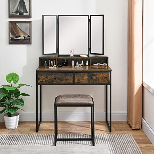Dressing Table with Mirror and Stool, Vanity Makeup Table, 2 Drawers and 3 Organizer Compartments, Bedroom Dresser Make Up Desk for Girls Women, Industrial Style Bedroom Furniture Rustic Brown