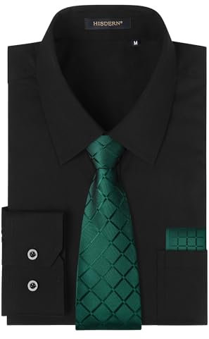 HISDERN Hemd Schwarz Herren Langarm Formelle Anzug Hemden mit Krawatte Arbeit Businesshemden mit Brusttasche L